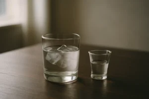 透明な焼酎を注いだグラスと計量カップを並べた、落ち着いた晩酌のテーブル