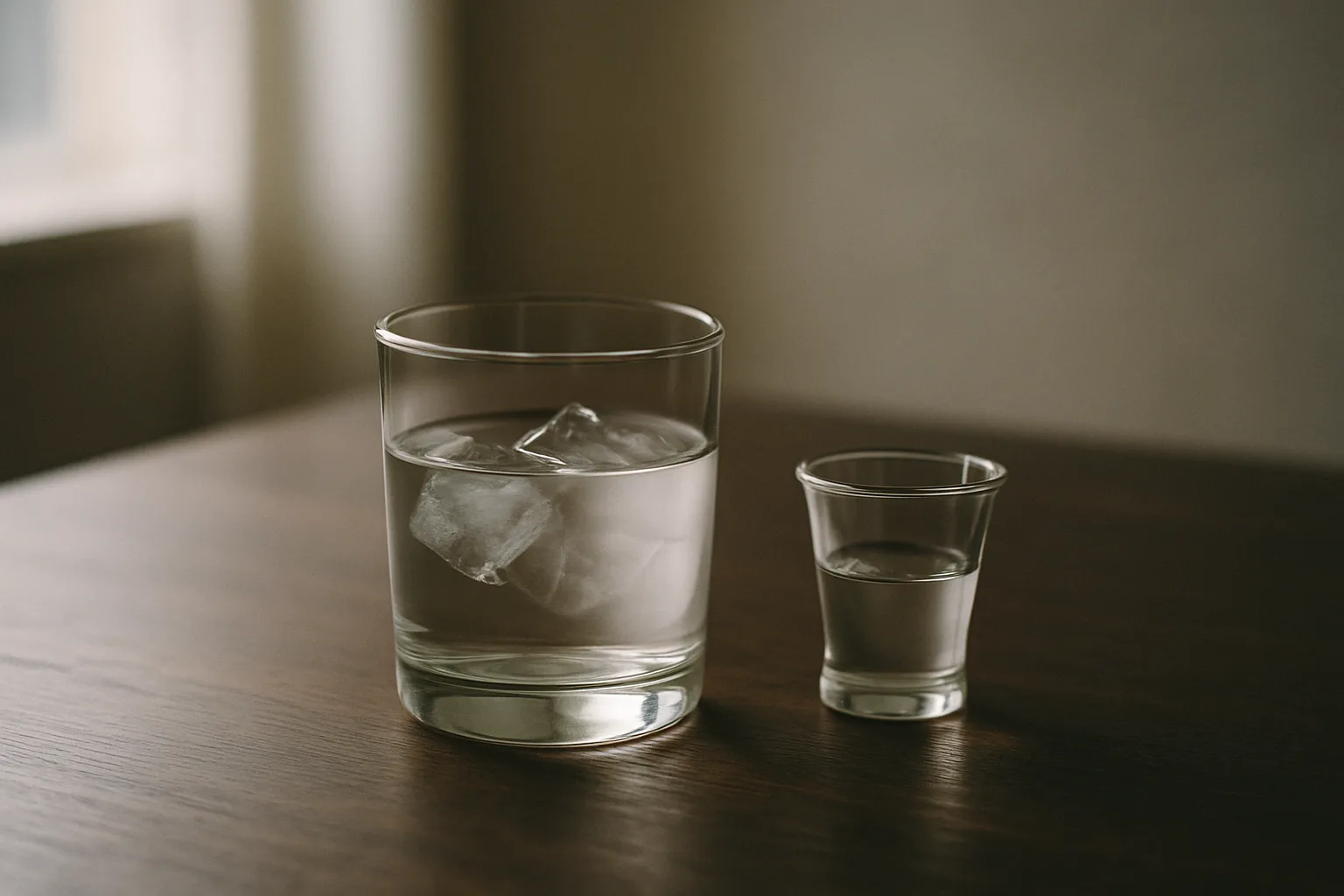 透明な焼酎を注いだグラスと計量カップを並べた、落ち着いた晩酌のテーブル