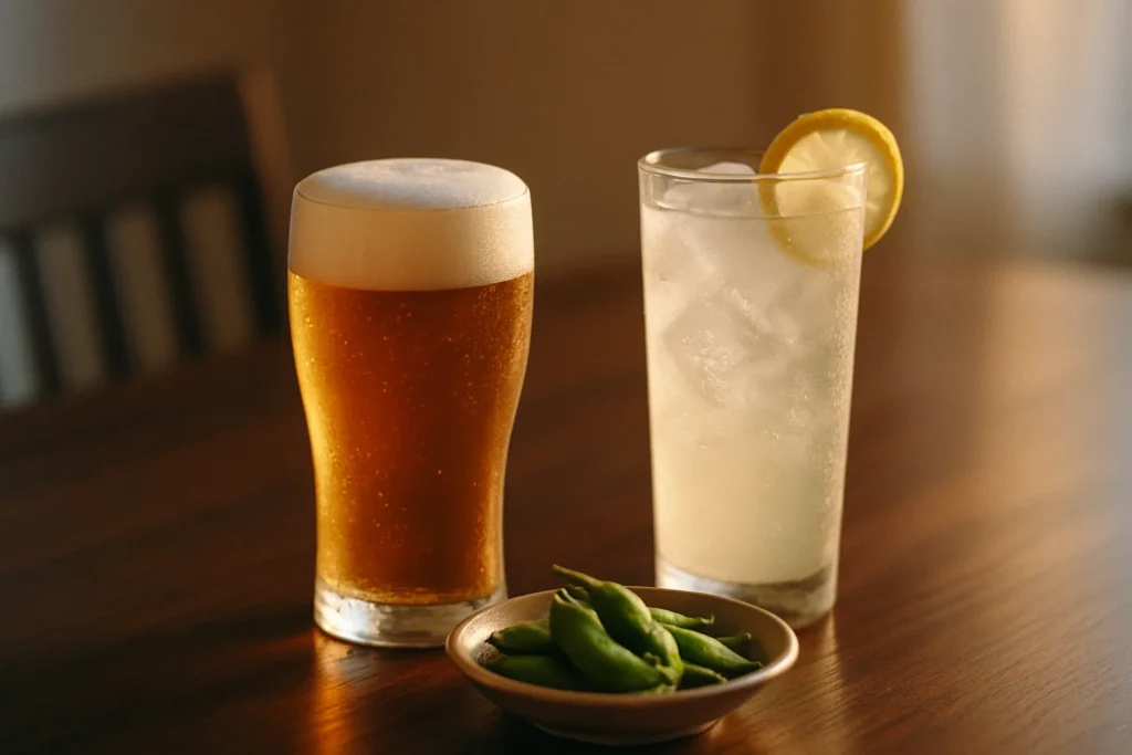 ビールとレモンサワーのグラスが並ぶ晩酌のテーブル