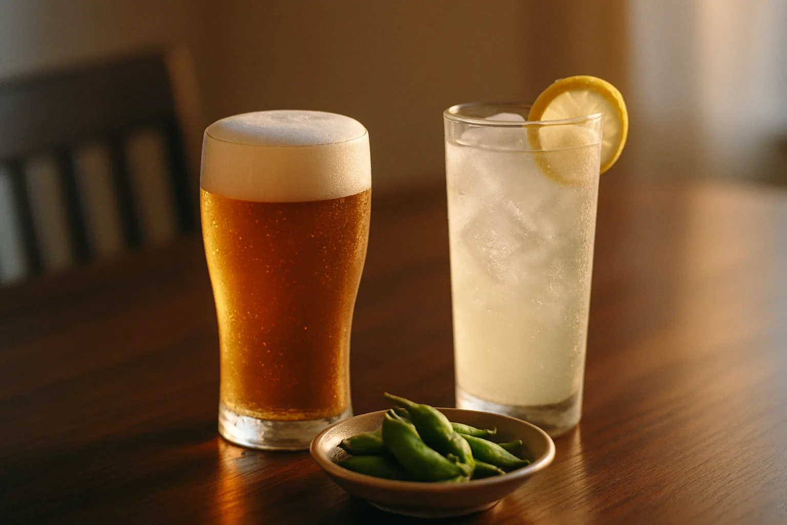 ビールとレモンサワーのグラスが並ぶ晩酌のテーブル
