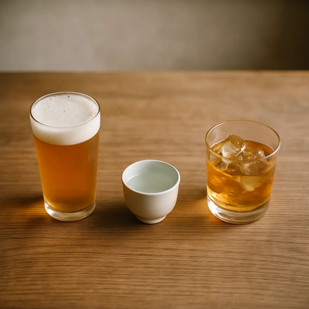 グラスに注がれたビールと日本酒のお猪口が並ぶテーブル
