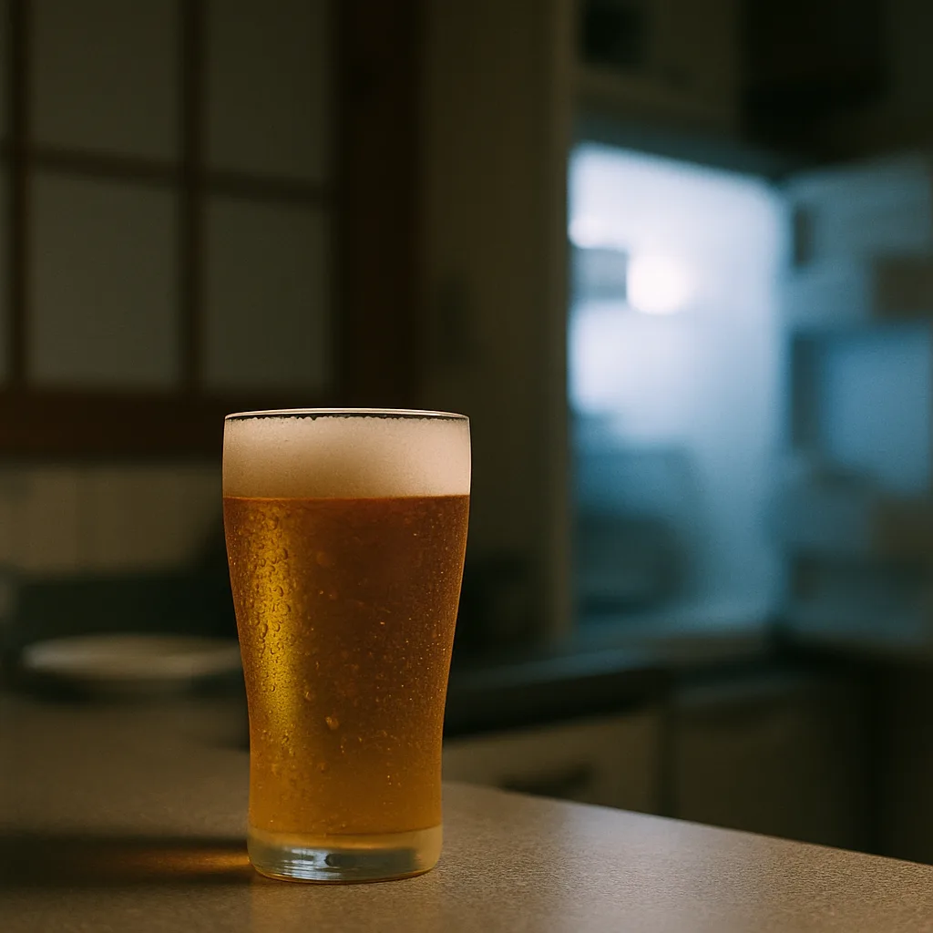冷蔵庫から取り出したばかりの冷えたビールグラス