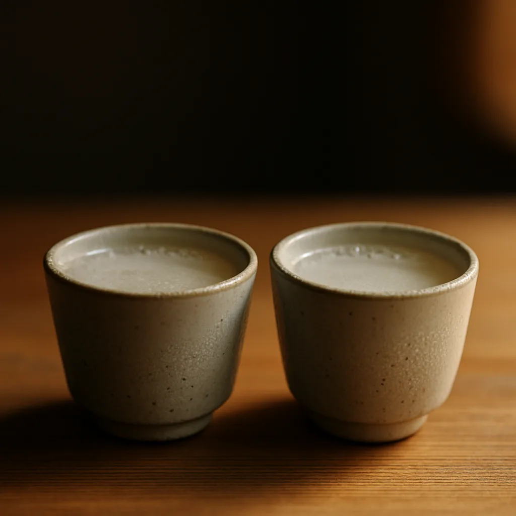同じ形の器を2つ並べて注いだマッコリ