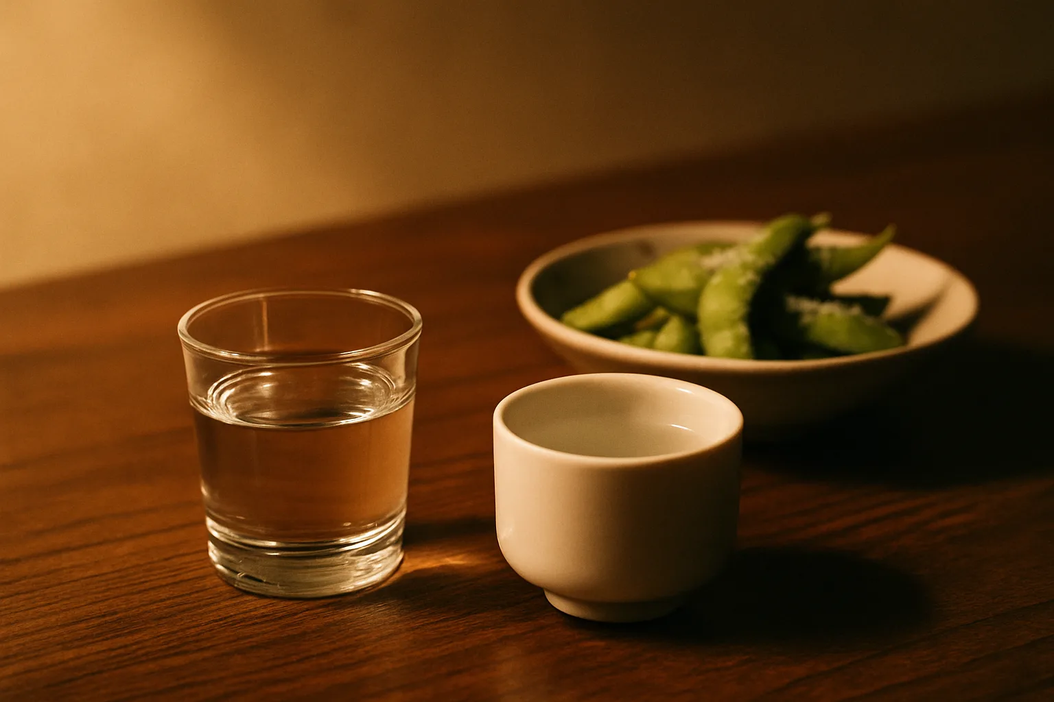 木のテーブルに置かれた透明な日本酒のグラスとお猪口、小皿の枝豆