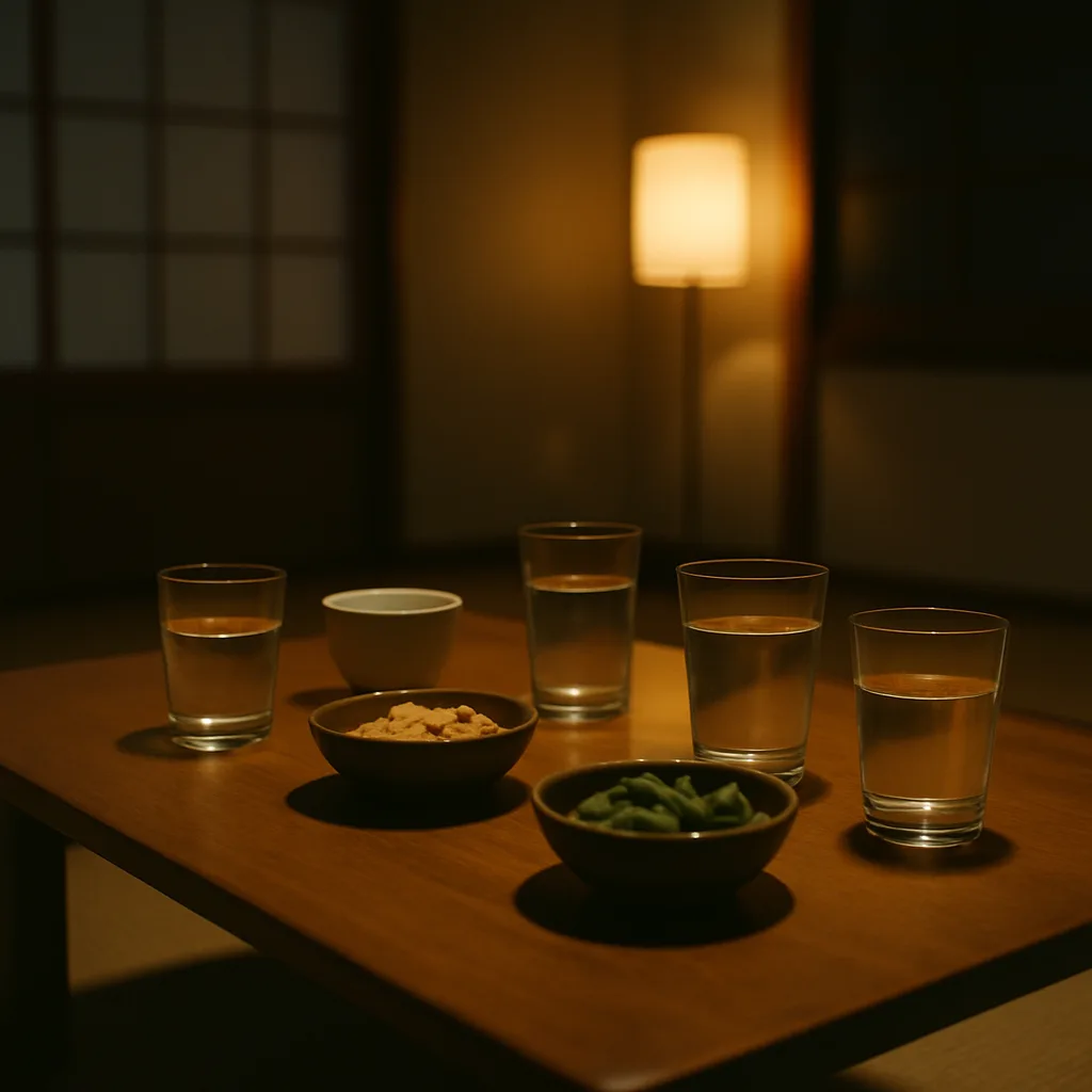 夜の座卓に並んだ数個のグラスと小鉢のつまみ、宅飲みの情景