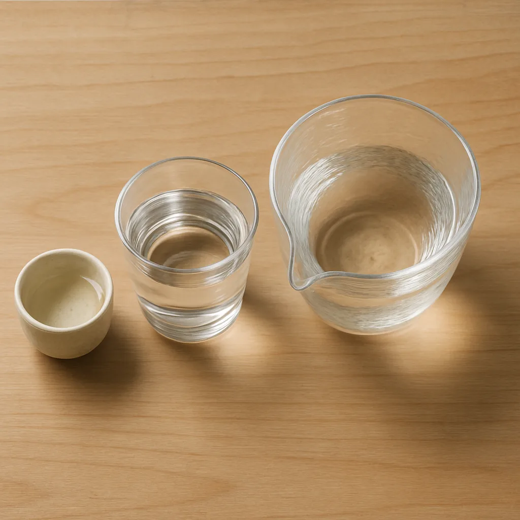 大きさの違う酒器に注がれた透明な日本酒を真上から見た様子