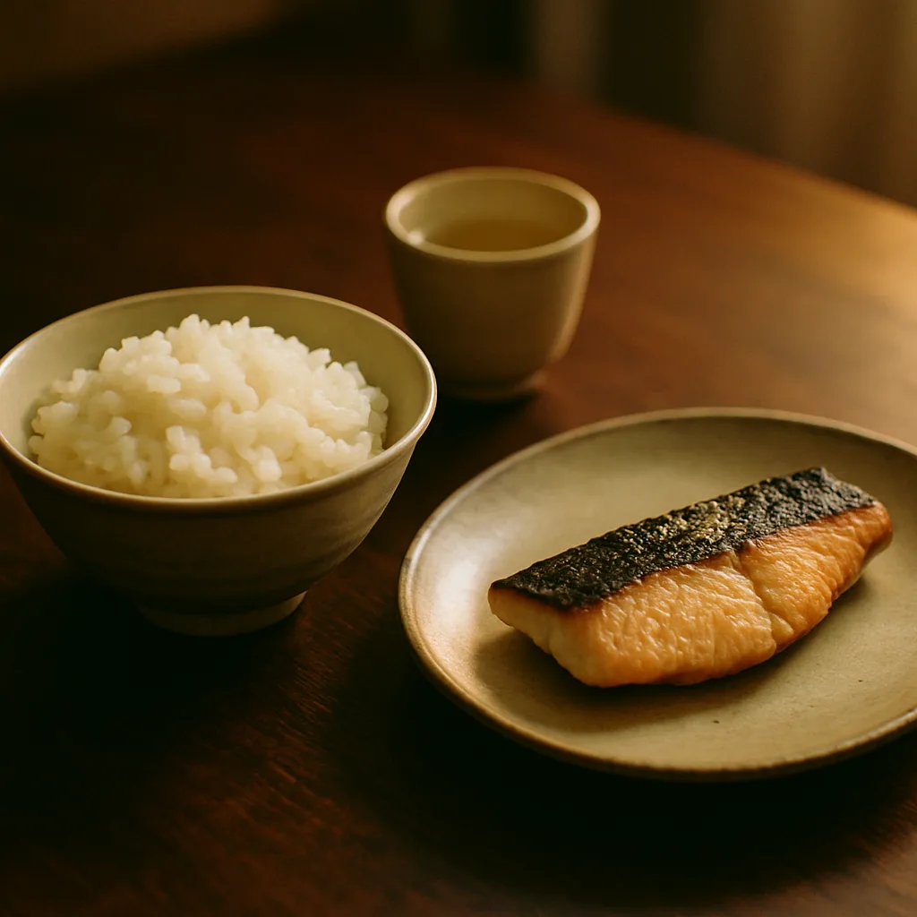 ご飯と焼き魚の食卓に添えられた日本酒のお猪口