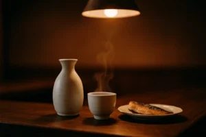 居酒屋のカウンターに置かれた白い徳利とお猪口、湯気の立つ日本酒