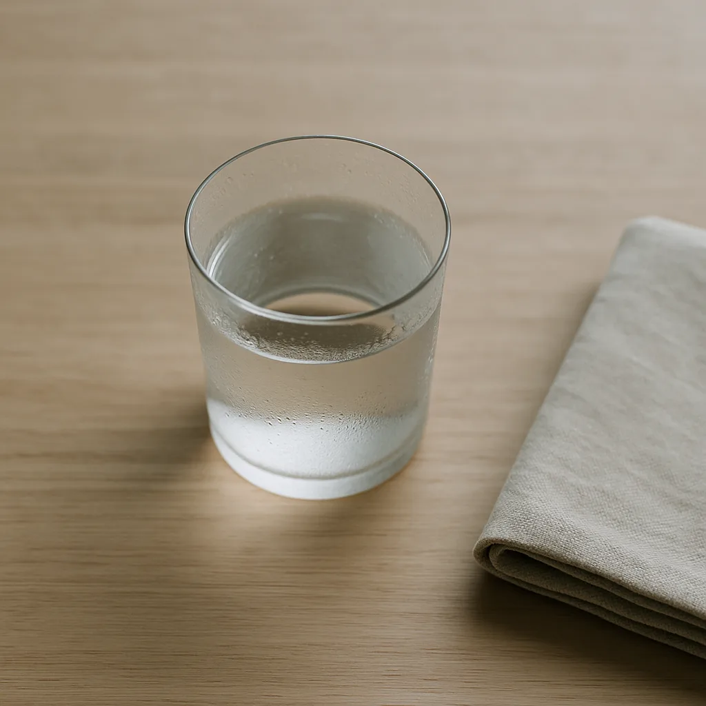 家の食卓で冷たいまま注がれた日本酒のグラス