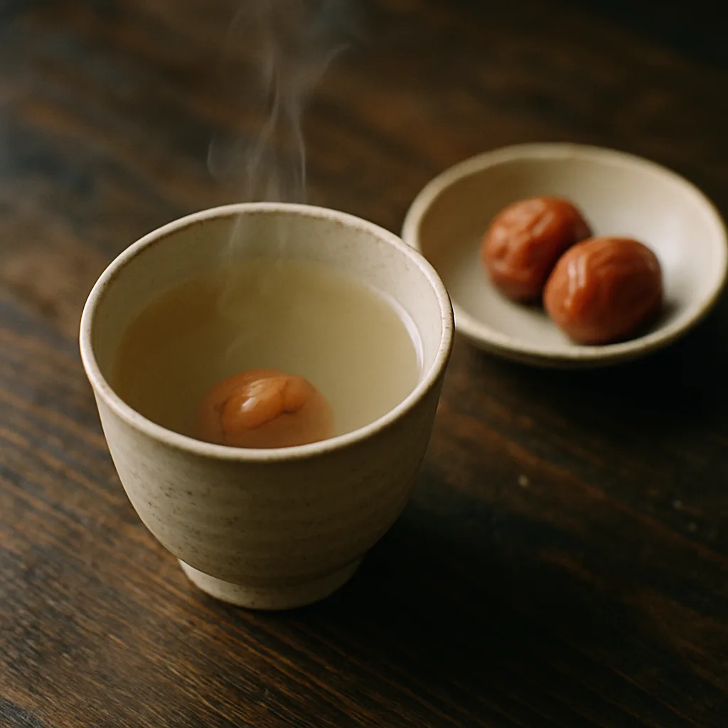 梅干しを沈めた焼酎のお湯割りと小皿の梅干し