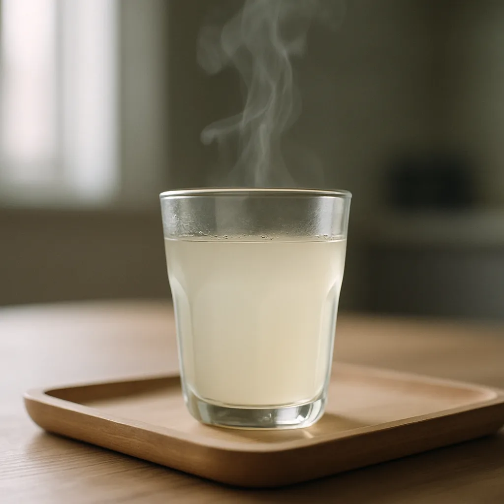 耐熱グラスに注がれた焼酎のお湯割りと立ちのぼる湯気