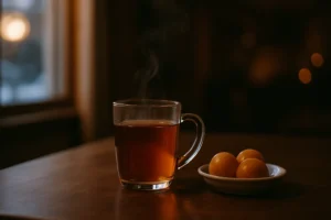 湯気の立つ温かい梅酒のグラスと梅の実が並ぶ冬の食卓