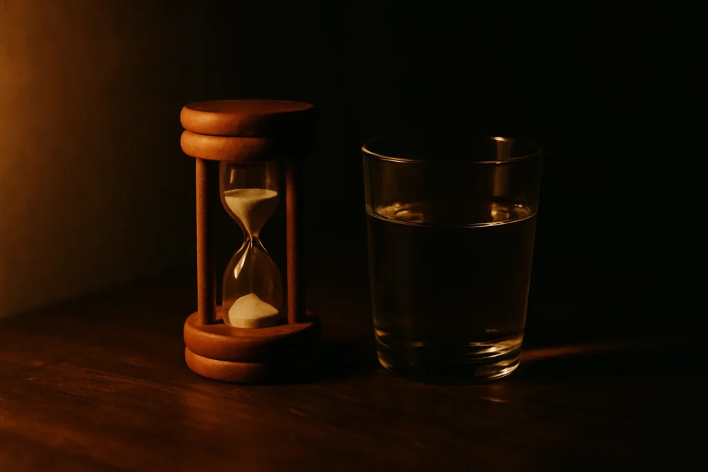 砂時計とグラスの水（アルコールが体から抜けるまでの時間のイメージ）