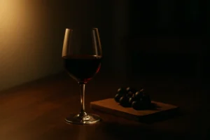 夕方の食卓に置かれた赤ワインのグラスとぶどう