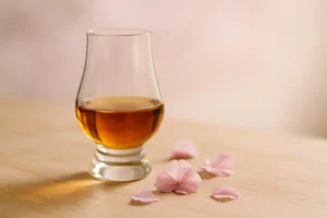 桜の花びらが散るテーブルに置かれた、琥珀色のウイスキーが入ったグラス