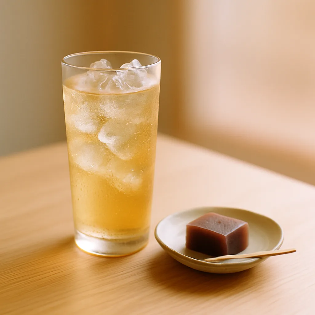 濃いめのハイボールと、小皿に乗った和菓子