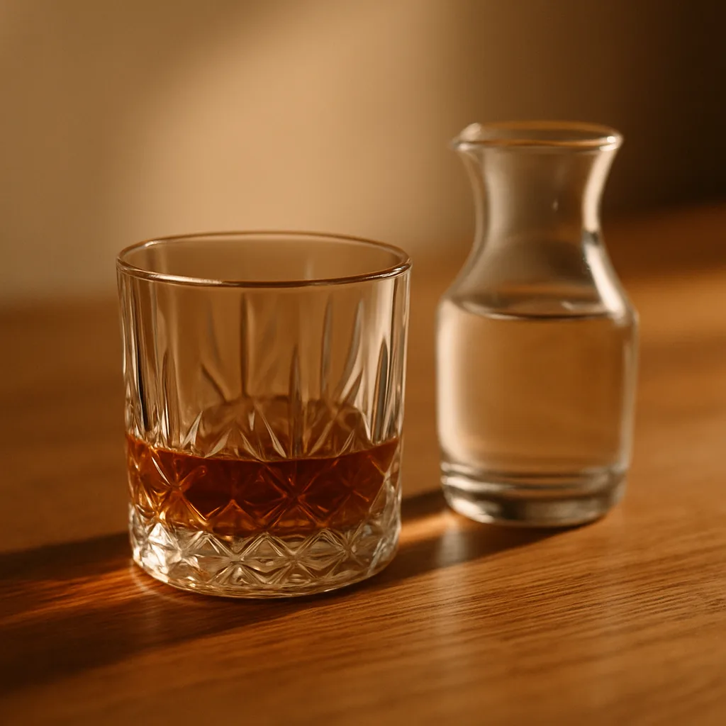 ウイスキーのグラスと水差し。響 ジャパニーズハーモニーの定価の推移を見ながら飲む1杯