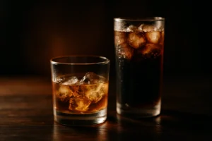 ジャックダニエルはまずい？琥珀色のウイスキーをグラスとコーラ割りで比べる晩酌のイメージ