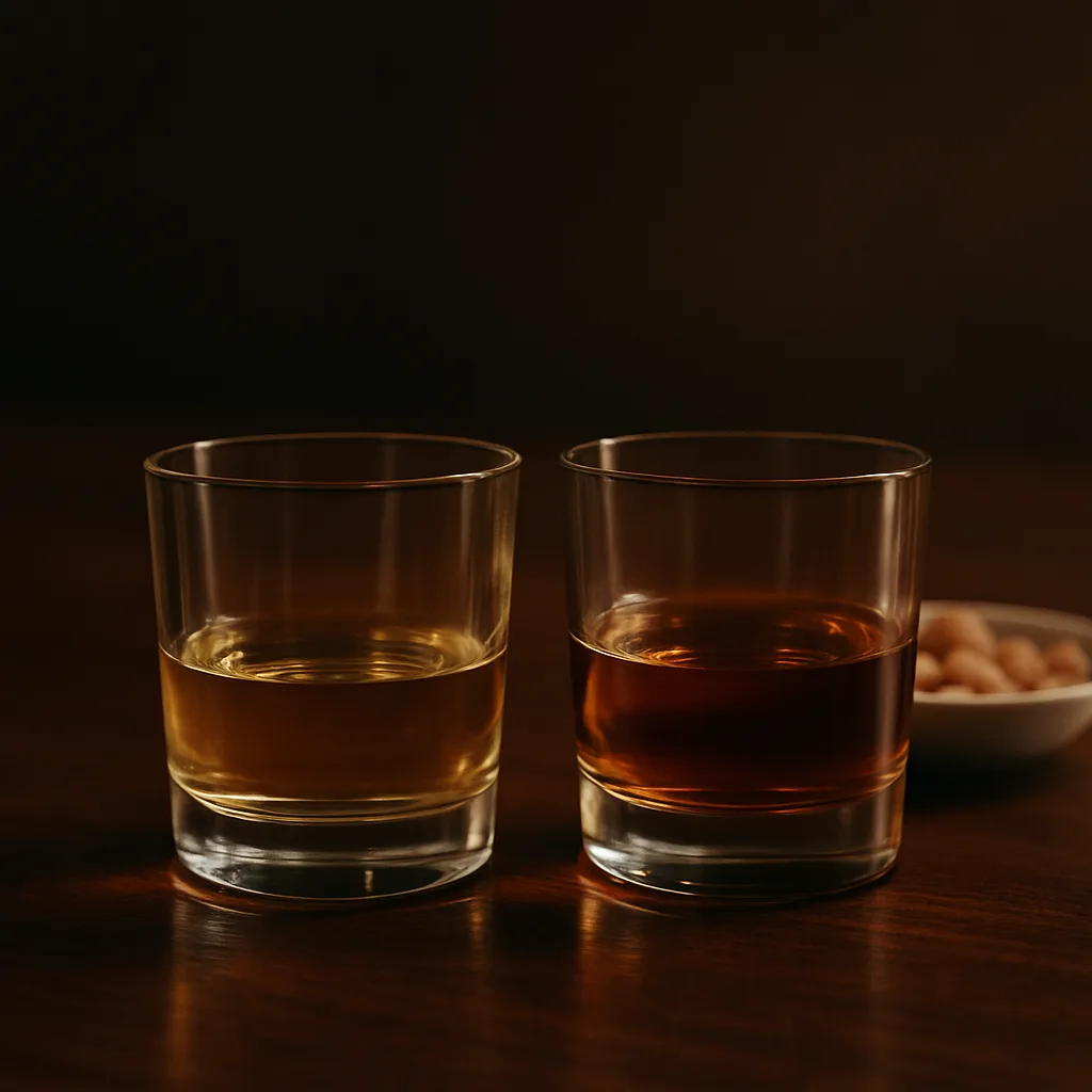 色の違う2杯のウイスキーを並べて飲み比べるイメージ